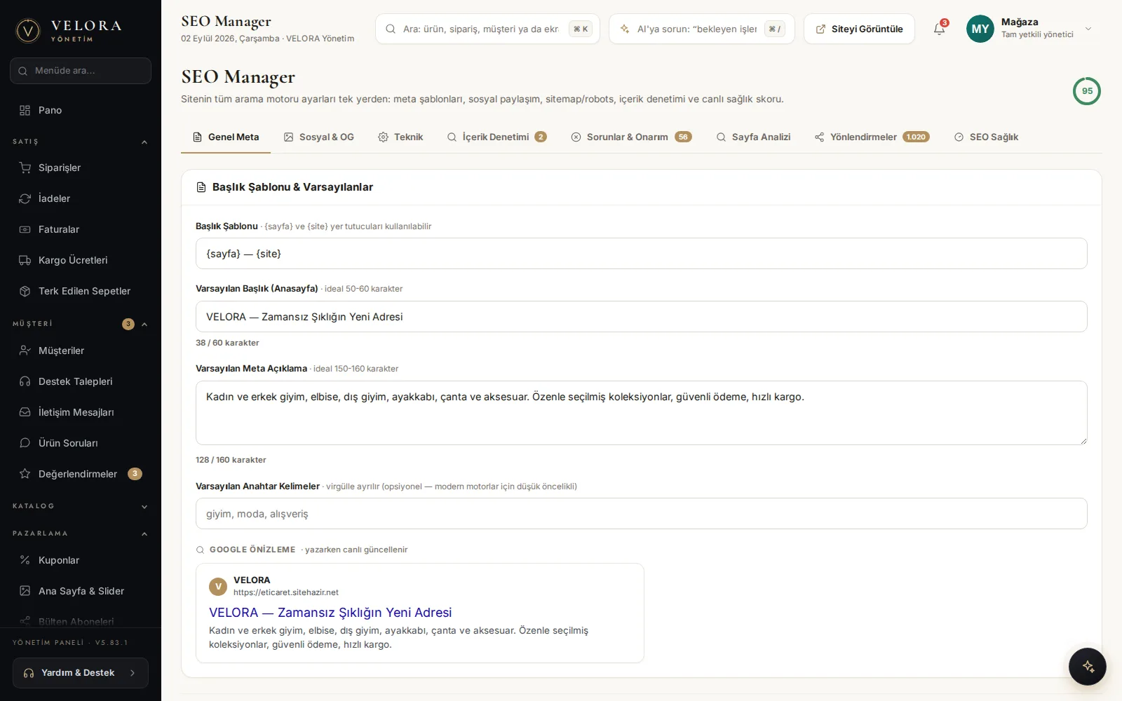 SEO Manager: sekmeler, başlık şablonu, karakter sayaçları ve canlı Google önizlemesi