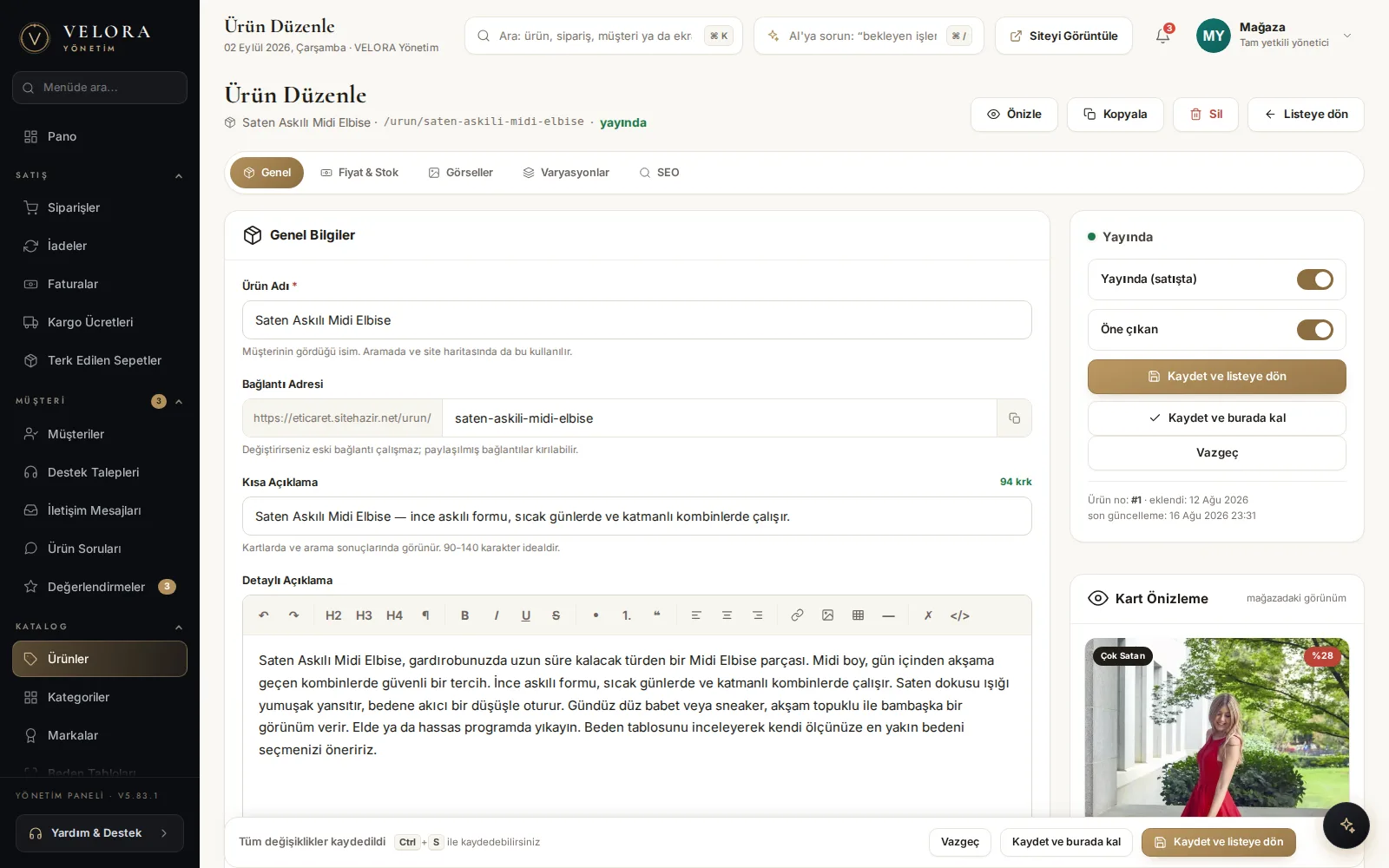 Ürün düzenleme ekranı: sekmeli form, solda içerik, sağda yayın kutusu ve kart önizleme