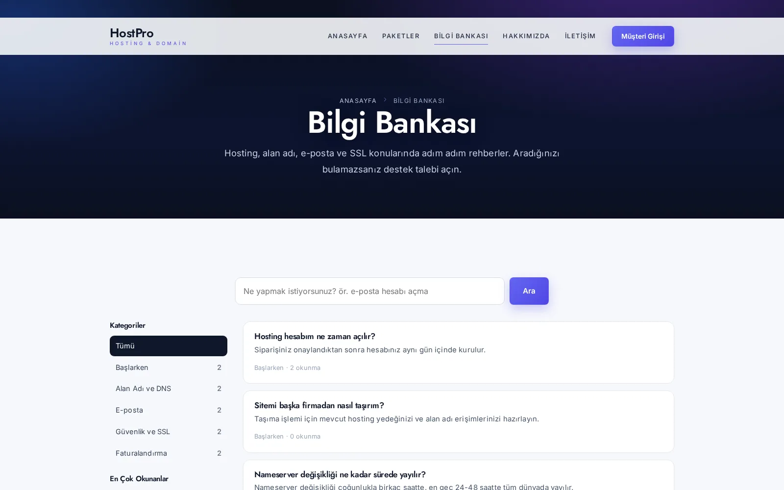 Bilgi bankası: arama kutusu, kategoriler ve makale listesi