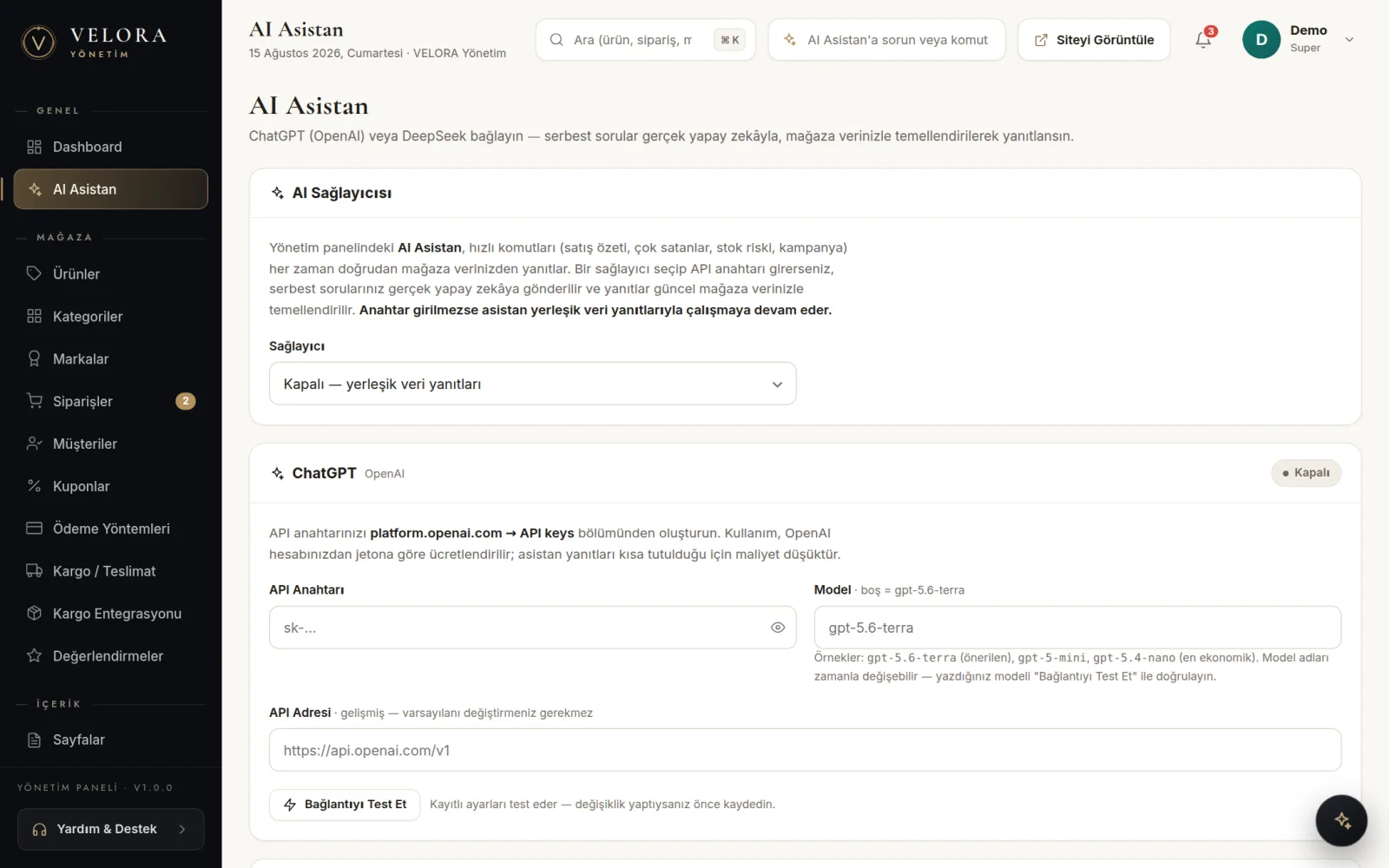AI Asistan — ChatGPT & DeepSeek, kendi mağaza verinizle