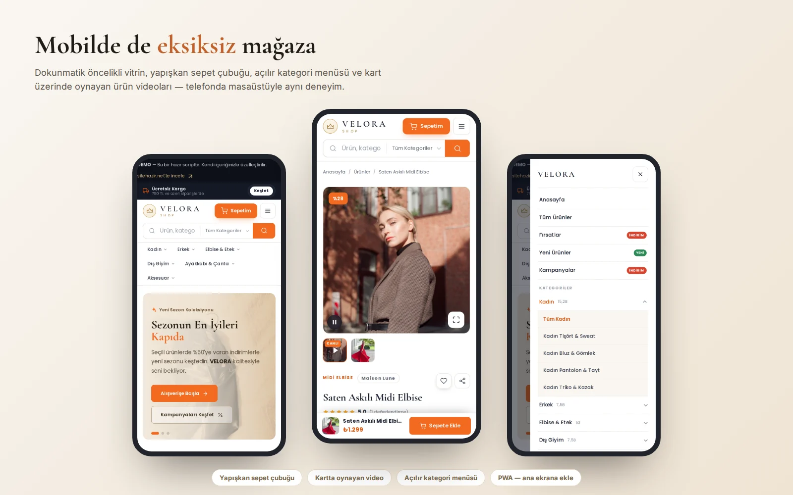 Mobil deneyim — yapışkan sepet çubuğu, videolu kartlar, PWA desteği