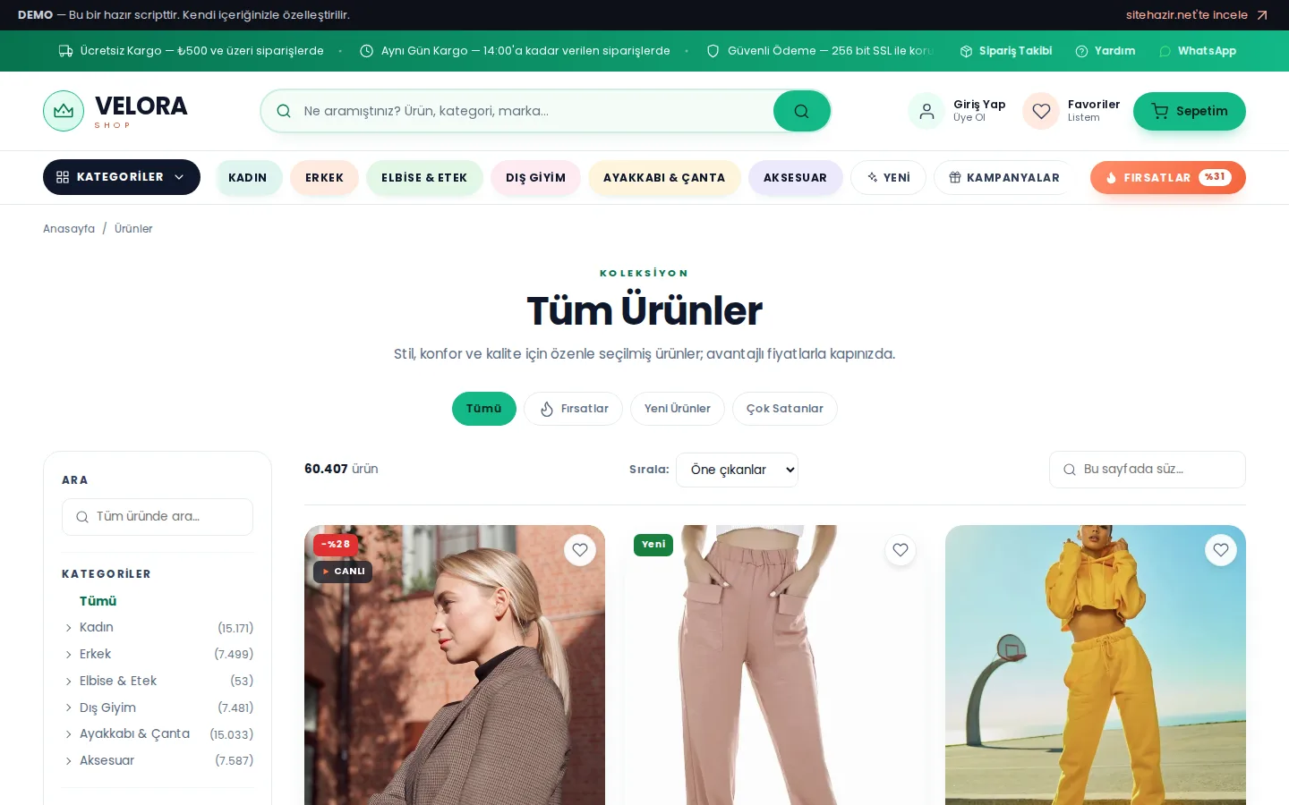 Ürün listesi & filtreler