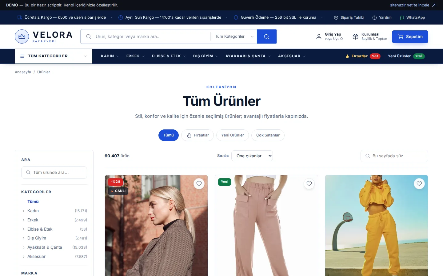 Ürün listesi & filtreler
