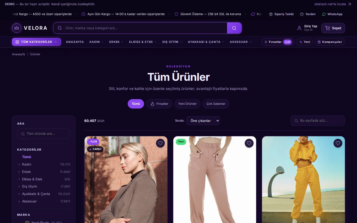 Ürün listesi & filtreler